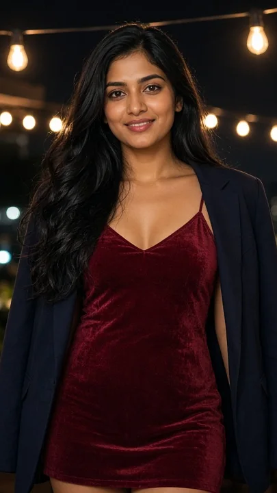 Woman in a velvet dress under string lights, an example of a well-lit phone portrait