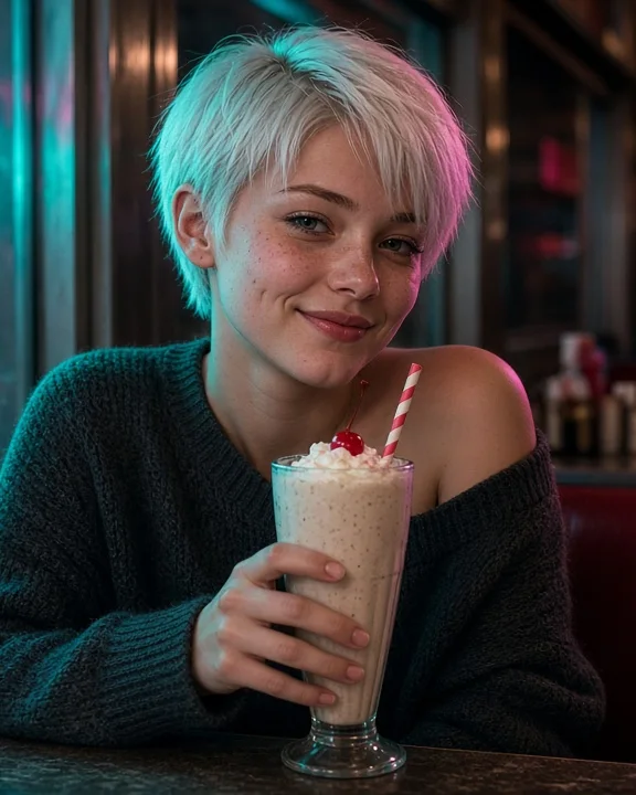 Smiling person in a neon-lit booth holding a milkshake