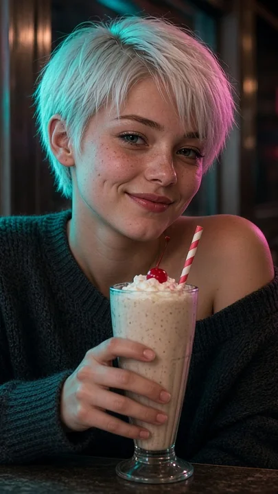 Person with short bleached hair in a neon diner booth