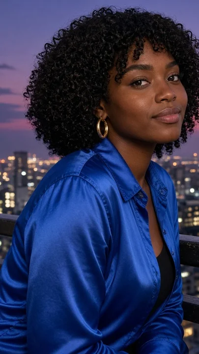 Woman in a blue satin shirt on a rooftop at dusk, an example of a strong starting photo