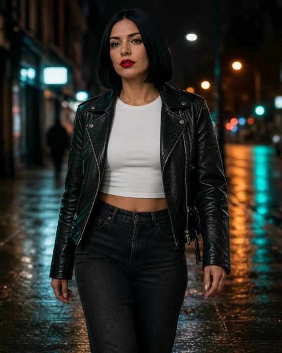 Woman in a leather jacket on a rainy street lit from the side by a neon sign