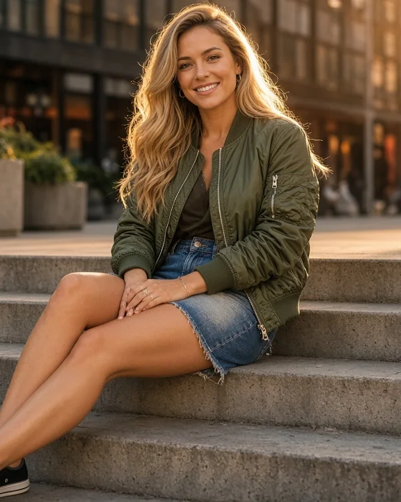 Woman sitting on steps at golden hour with sun on her face
